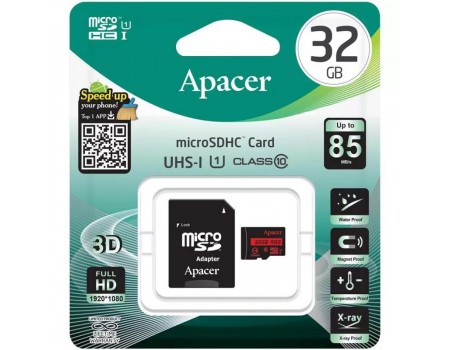 Карта пам'яті microSDHC 32Gb Apacer (UHS-1)(R85Mb/s) (Class 10) + Adapter SD