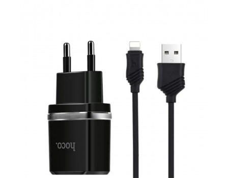Мережевий зарядний пристрій HOCO C12 Smart dual USB (iP cable)charger set Black