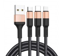 Кабель Hoco X26 Xpress one pull three charging cable,lightning+Micro+Type-c Black＆Gold