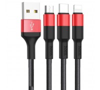 Кабель Hoco X26 Xpress one pull three charging cable,lightning+Micro+Type-c Black＆Red