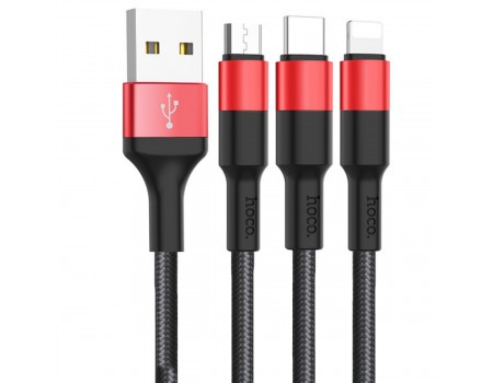 Кабель Hoco X26 Xpress one pull three charging cable,lightning+Micro+Type-c Black＆Red