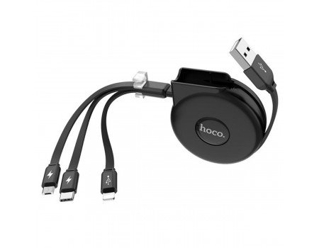 Кабель Hoco U50 3-in-1 retractable charging data cable Black