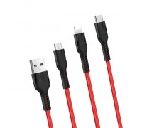 Кабель Hoco U31 Benay one pull three charging cable,Lightning+Micro+Type-c Red