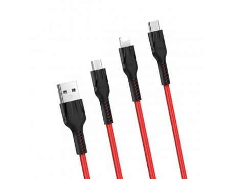 Кабель Hoco U31 Benay one pull three charging cable,Lightning+Micro+Type-c Red