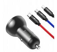 АЗП Baseus Digital Display Dual USB 4.8A Car Charger with 3-in-1 Cable USB 1.2M Grey