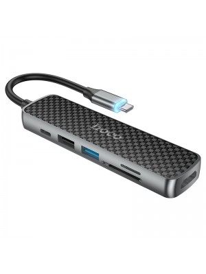 USB-хаб Hoco HB24 Easy display Type-C multifunction adapter(HDMI+USB3.0+USB2.0+SD+TF+PD) Metal Gray
