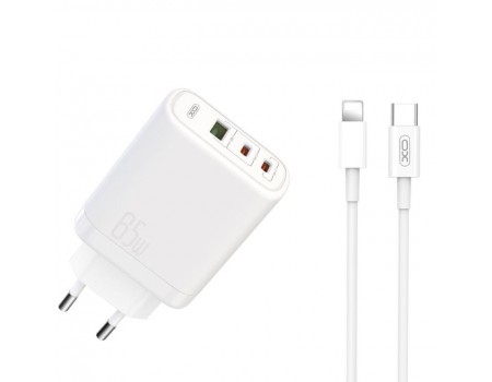 Сетевое зарядное устройство XO CE04 (EU) 65W  Fast Charger (TYPE-C PD65W / USB-A QC45W) CE with Lightning (NB113) cable Whit