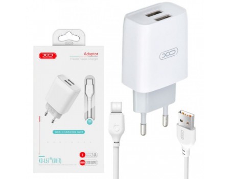 Сетевое зарядное устройство XO L57 2в1 Type-C 2USB/2.1A White