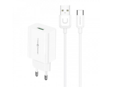 Сетевое зарядное устройство Usams T48 Travel Charger Kit 18W (T22 Single USB QC3.0 Charger EU+Uturn Type-C Cable 1M) White