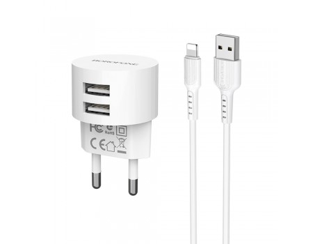 Зарядний пристрій Borofone BA23A 2 USB білий + кабель USB to Lightning