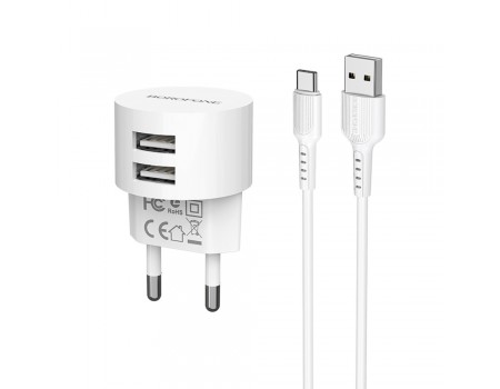 Зарядний пристрій Borofone BA23A 2 USB білий + кабель USB to Type-C