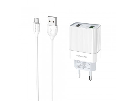 Зарядний пристрій Borofone BA39A 2 USB QC білий + кабель USB to MicroUSB