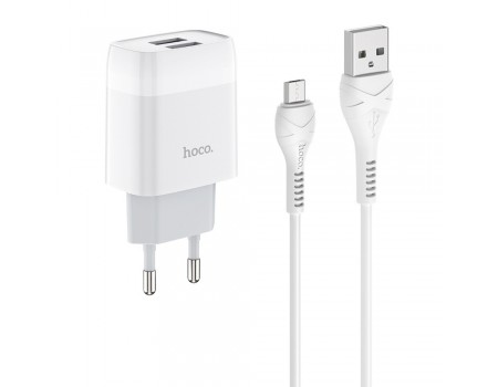 Мережевий зарядний пристрій Hoco C73A 2 USB білий + кабель USB to MicroUSB