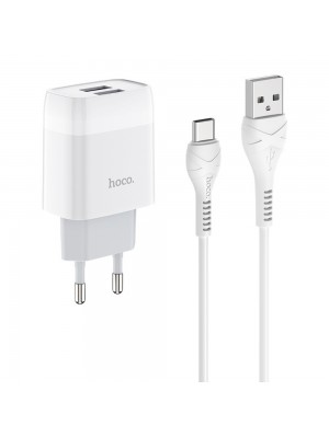 Мережевий зарядний пристрій Hoco C73A 2 USB білий + кабель USB to Type-C