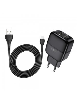 Мережевий зарядний пристрій Hoco C77A 2 USB чорний + кабель USB to Type-C