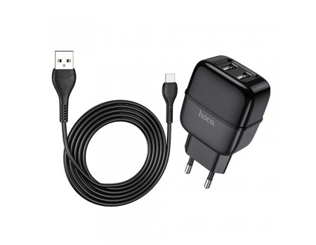 Мережевий зарядний пристрій Hoco C77A 2 USB чорний + кабель USB to Type-C