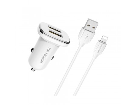 Автомобільний зарядний пристрій Borofone BZ12 2 USB білий + кабель USB to Lightning
