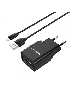 Сетевое зарядное устройство Borofone BA19A USB черное + кабель USB to MicroUSB