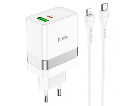 Сетевое зарядное устройство Hoco N21 USB/ Type-C QC PD 30W белое + кабель Type-C to Lightning