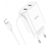 Сетевое зарядное устройство Hoco C103A 2 USB белое с кабелем Lightning