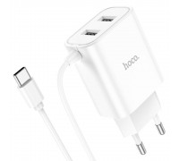 Сетевое зарядное устройство Hoco C103A 2 USB белое с кабелем Type-C