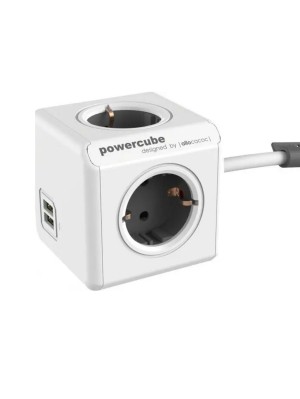 Мережевий подовжувач Allocacoc PowerCube Extended з заземленням 4 розетки 2 USB 1.5 м, сірий