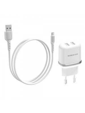  Зарядний пристрій Borofone BA25A 2 USB білий + кабель USB to MicroUSB