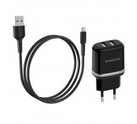 Зарядний пристрій Borofone BA25A 2 USB чорний + кабель USB to MicroUSB