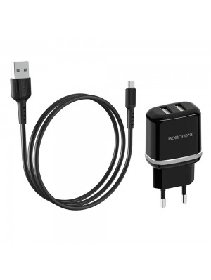  Зарядний пристрій Borofone BA25A 2 USB чорний + кабель USB to MicroUSB