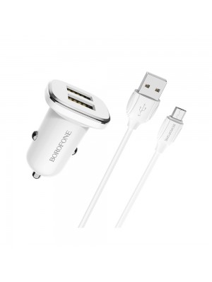  Автомобільний зарядний пристрій Borofone BZ12 2 USB білий + кабель USB to MicroUSB