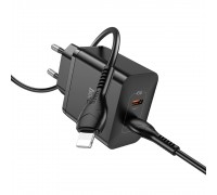 Мережевий зарядний пристрій Hoco N35 2 Type-C PD 45W чорний + кабель Type-C to Lightning