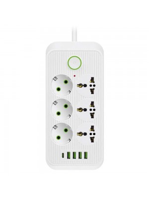 Сетевой фильтр F06U, 6 розеток EU + 4 USB + 1PD, кнопка включения с индикатором, 2 м, 3х0,75мм, 2500W, White
