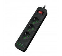 Мережевий фільтр F23U, 3 розетки EU +3 USB + PD, кнопка включення з індикатором, 2 м, 3х0,75мм, 2500W, Black