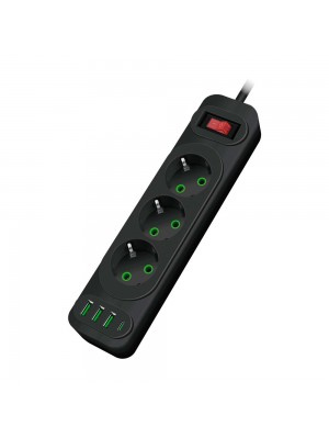 Мережевий фільтр F23U, 3 розетки EU +3 USB + PD, кнопка включення з індикатором, 2 м, 3х0,75мм, 2500W, Black