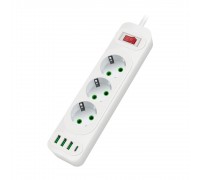 Мережевий фільтр F23U, 3 розетки EU+3 USB+PD, кнопка включення з індикатором, 2 м, 3х0,75мм, 2500W, White