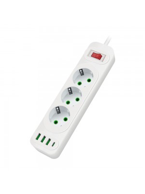 Мережевий фільтр F23U, 3 розетки EU+3 USB+PD, кнопка включення з індикатором, 2 м, 3х0,75мм, 2500W, White