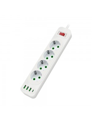 Мережевий фільтр F24U, 4 розетки EU+3 USB+PD, кнопка включення з індикатором, 2 м, 3х0,75мм, 2500W, White