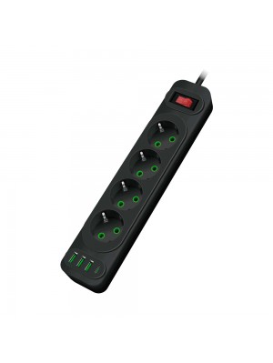 Мережевий фільтр F24U, 4 розетки EU+3 USB+PD, кнопка включення з індикатором, 2 м, 3х0,75мм, 2500W, Black