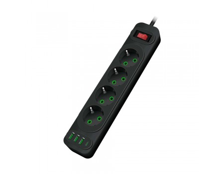 Мережевий фільтр F24U, 4 розетки EU+3 USB+PD, кнопка включення з індикатором, 2 м, 3х0,75мм, 2500W, Black