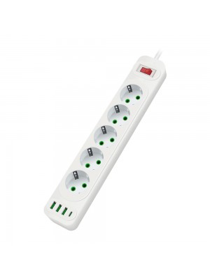 Мережевий фільтр F25U, 5 розеток EU+3 USB+PD, кнопка включення з індикатором, 2 м, 3х0,75мм, 2500W, White