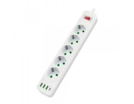 Мережевий фільтр F25U, 5 розеток EU+3 USB+PD, кнопка включення з індикатором, 2 м, 3х0,75мм, 2500W, White