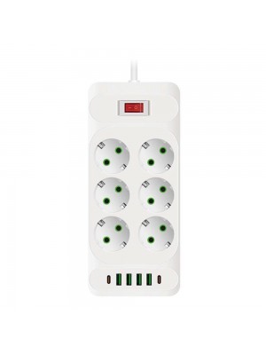 Мережевий фільтр F33U, 6 розеток EU + 4 USB + 2 PD, кнопка включення з індикатором, 2 м, 3х0,75 мм, 2500W, White