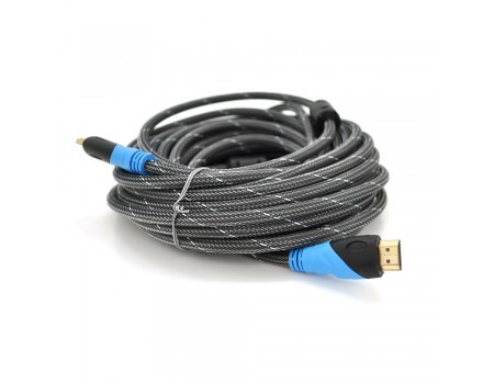 Кабель Merlion HDMI-HDMI 10m, v1.4, OD-7.4mm, 2 фільтри, обплетення, круглий Silver, конектор Black/Blue, (Пакет)