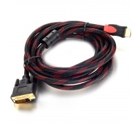 Кабель HDMI (тато) -DVI (тато) 3,0м, 2 фериту, обплетення, круглий Black / RED
