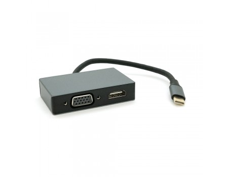 Хаб Type-C(папа) аллюминиевый, HDMI(мама)+VGA(мама)+USB3.0(мама)+PD(мама), 23cm, Silver