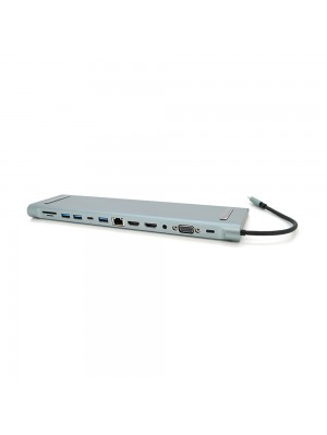 Хаб-конвертор 12 в 1 Type-C (тато) на Type-C(мама)+2*USB2.0(мама)+USB3.0(мама)+2*HDMI(мама)+VGA(мама)+SD/TF+RJ45+ jack3.5 (мама)+PD, 10cm, Silver