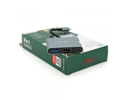 Конвертор iKAKU KSC-750 SHIXIN 3 in 1 (Type-C(папа)  to HDM(мама)+USB 3.0(мама)+PD(мама) 10cm, Silver, Box