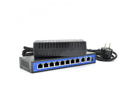 Комутатор POE 48V з 8 портами POE 100Мбит + 2 порт Ethernet (UP-Link) 100Мбит, корпус - метал, Black, БП в комплекті, 8