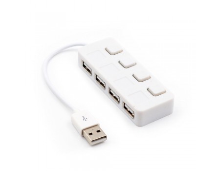 Хаб USB 2.0 4 порту, White, 480Mbts живлення від USB, з кнопкою LED / Blue на кожен порт