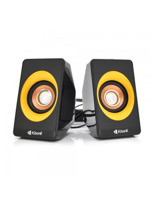 Колонки 2.0 Kisonli A-303 для ПК и ноутбука, USB + 3.5mm, 2x3W, 20Hz-20KHz, Black + yellow